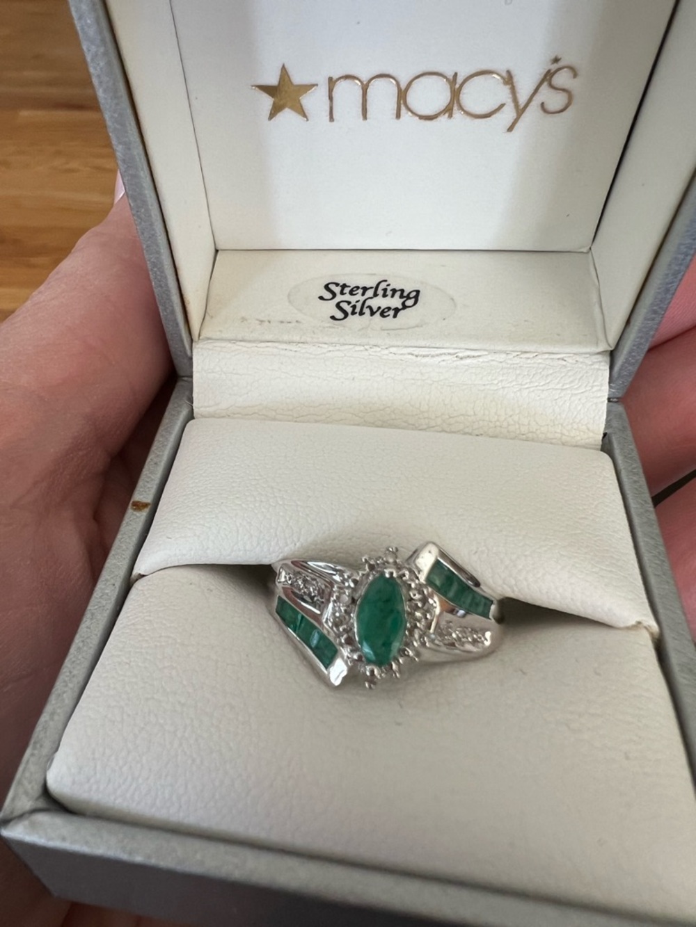 Macy's Sterling Silver Marquise Emerald-Tone Ring with Green Inlay